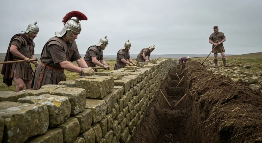 Close-up view of Roman legionaries working on Hadrian's Wall, some laying stones, others digging a d