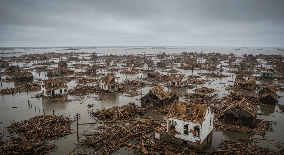 A dramatic, high-angle view of Galveston Island in the immediate aftermath of the 1900 hurricane. De
