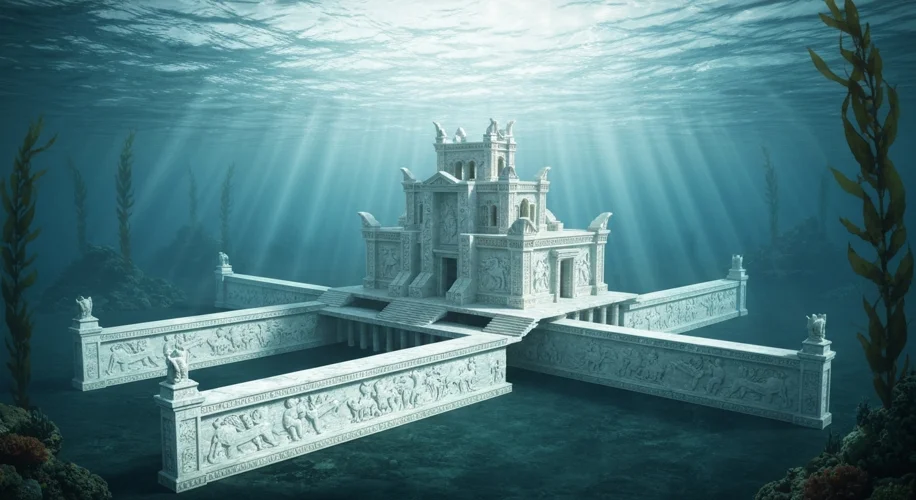 An artist's rendition of the ancient city of Atlantis, with buildings and walls shimmering with a re