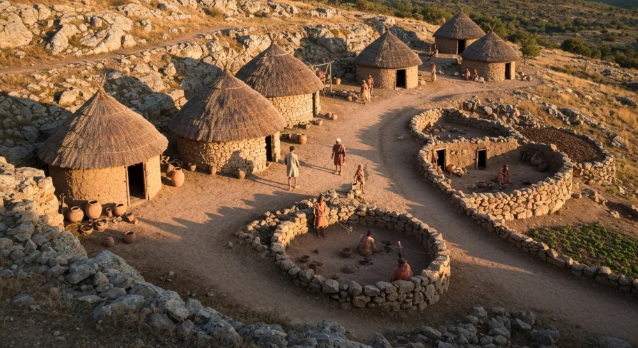 A reconstruction of an early Iron Age Roman village with simple huts on a hillside.