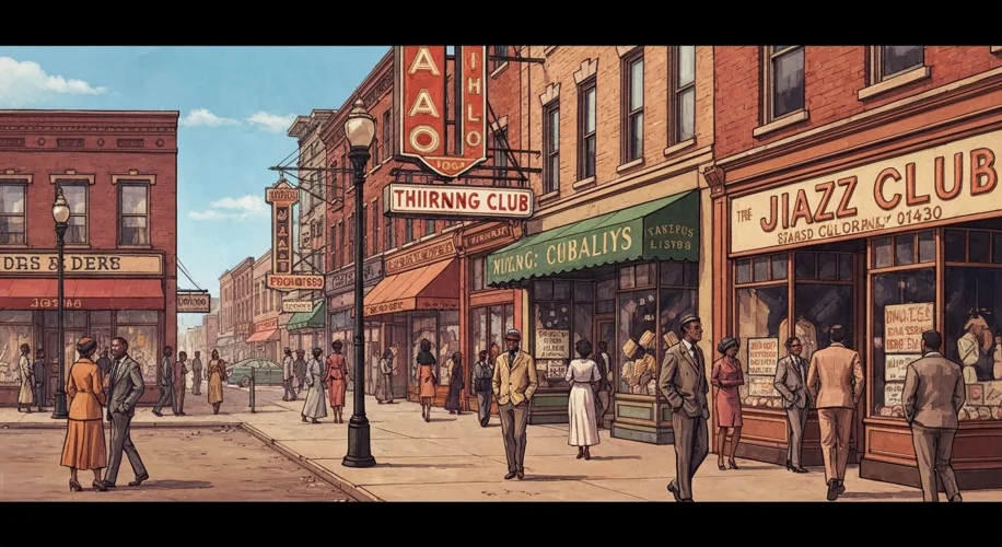 A vibrant street scene in Chicago's Bronzeville neighborhood during the 1940s, with people dressed i
