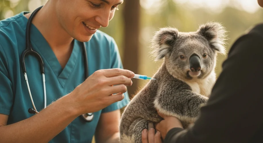 A veterinarian gently administering a vaccine to a koala being held by a handler.