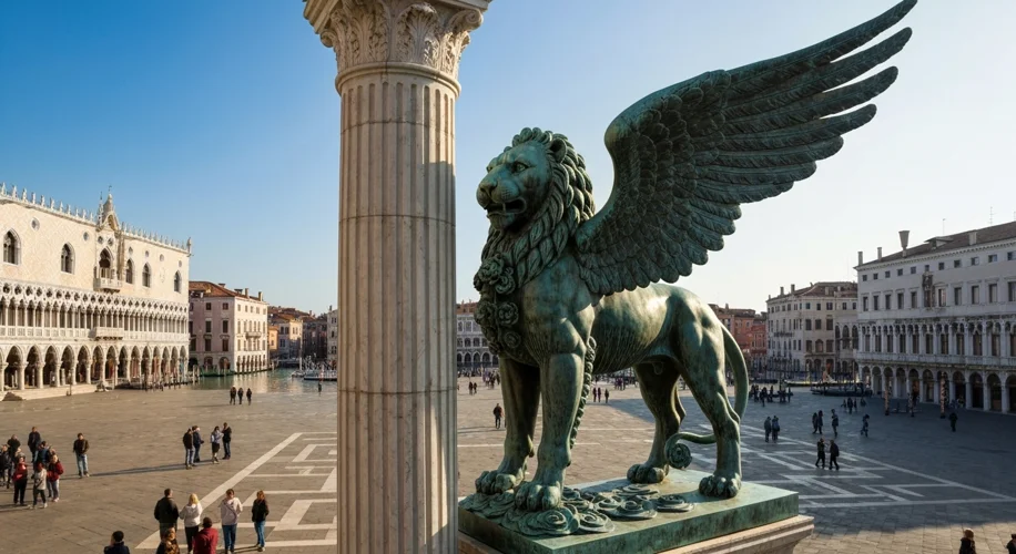 A colossal, ancient bronze winged lion, intricately detailed with Eastern motifs, standing proudly o
