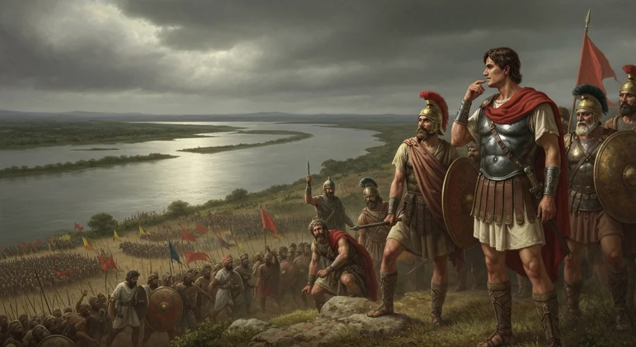 Alexander the Great observing the Hydaspes River, his generals gathered around him discussing strate