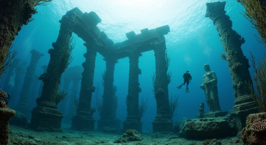 Underwater shot of ancient Roman columns and statues partially covered in coral and seaweed, with di