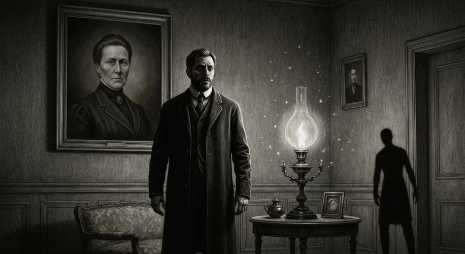 A Victorian-era drawing-room, dimly lit, with a man in doctor's attire looking anxious. A woman's po