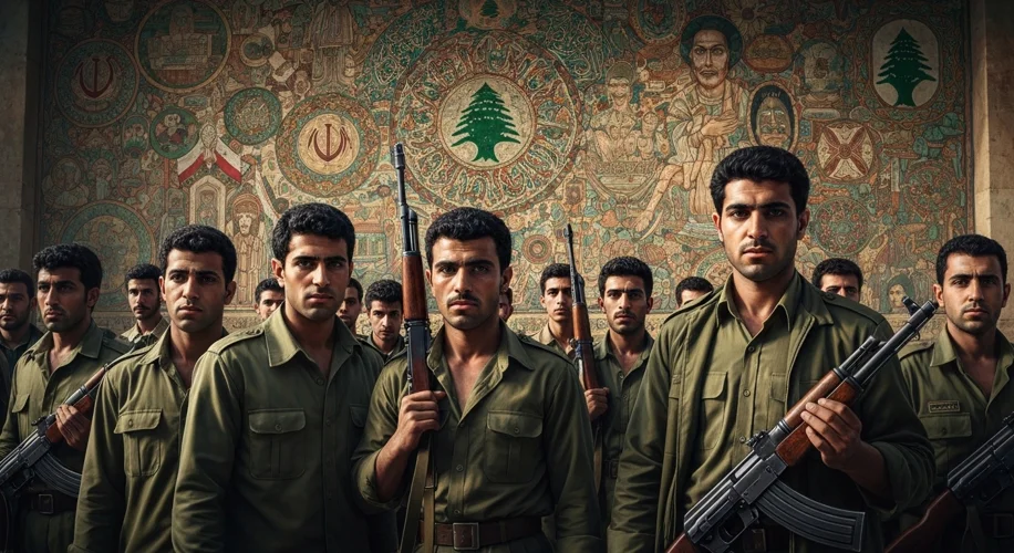 A group of young Lebanese Shia men, some carrying rifles, standing in front of a mural depicting rel