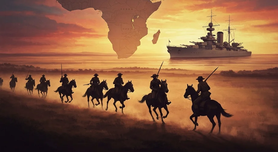 A dramatic depiction of Boer commandos on horseback, silhouetted against a dusty sunset in the South