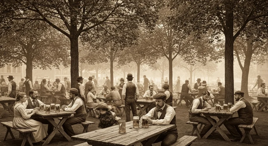A sepia-toned photograph of a bustling 19th-century Milwaukee beer garden, with families and groups 