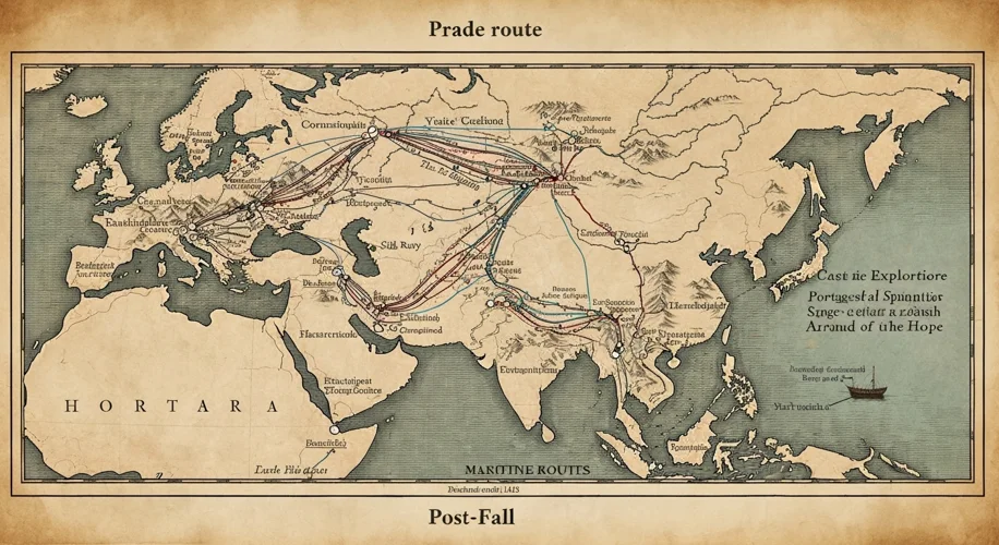 A map showing the trade routes between Europe and Asia before and after the fall of Constantinople, 