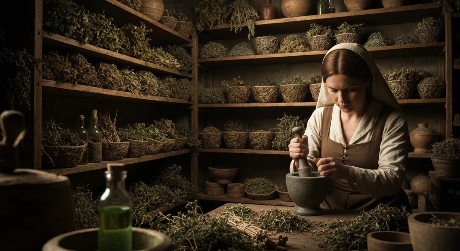 A medieval apothecary's shop, dimly lit with shelves overflowing with jars of herbs and dried plants