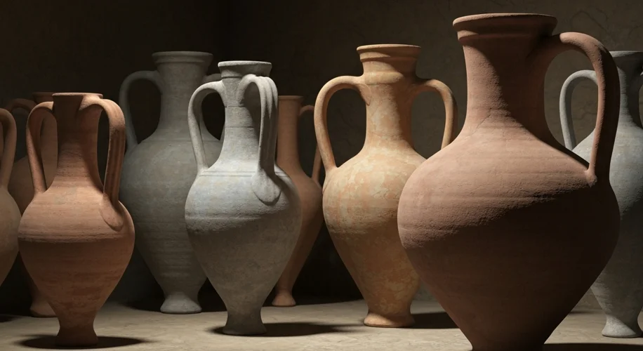 A close-up illustration of several ancient amphorae of various shapes and sizes, highlighting the di