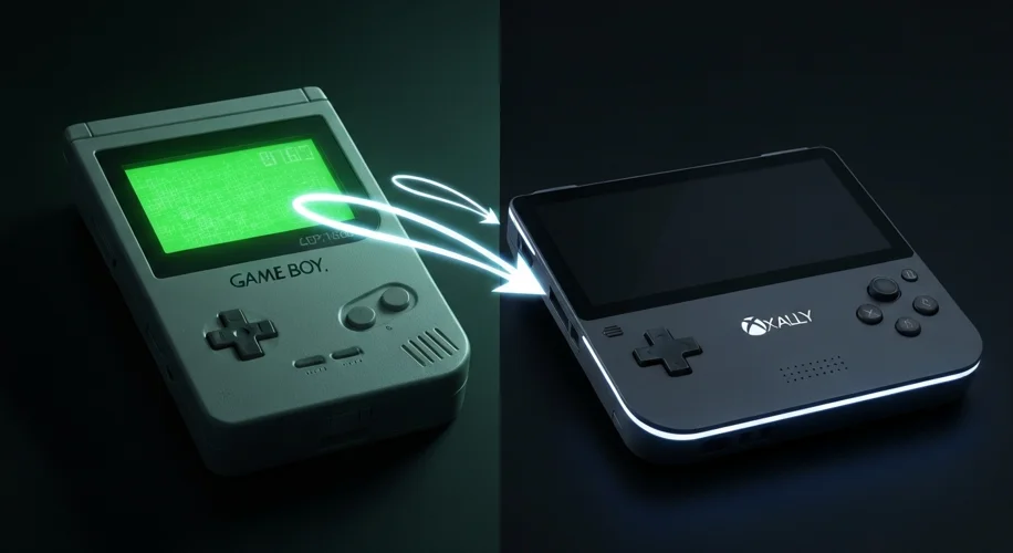 A split image: on the left, a retro Nintendo Game Boy with a green screen; on the right, a modern, s