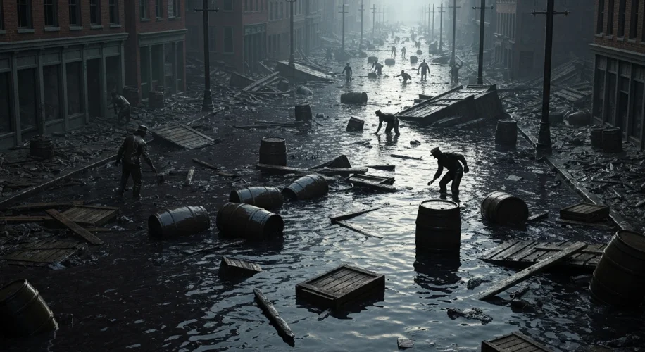 The aftermath of the Great Molasses Flood: A street filled with thick, dark molasses, debris, and da