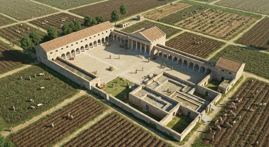 An aerial view of a well-preserved Roman villa in Britain, showing its courtyard, bathhouse, and sur