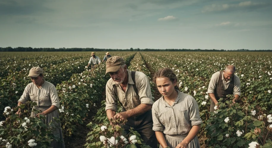 A somber depiction of sharecroppers working a cotton field, highlighting the economic struggles duri