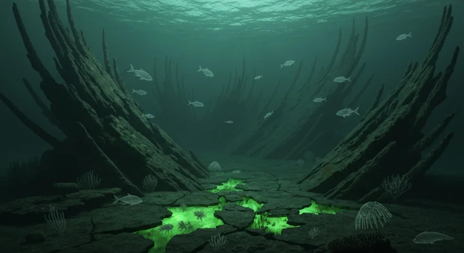 A stark, desolate underwater scene. Skeletal remains of coral reefs lie broken and bleached. Ghostly