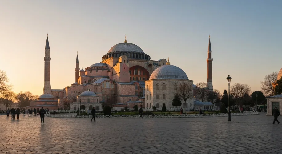 An exterior view of the Hagia Sophia at sunset, highlighting its massive dome and surrounding minare