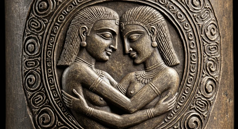 An ancient Mesopotamian cylinder seal impression depicting two figures in an intimate embrace, possi