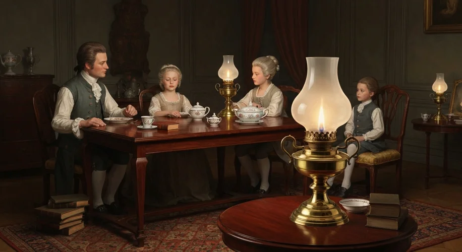 A middle-class 18th-century drawing-room. A family is gathered around a table, illuminated by a bras