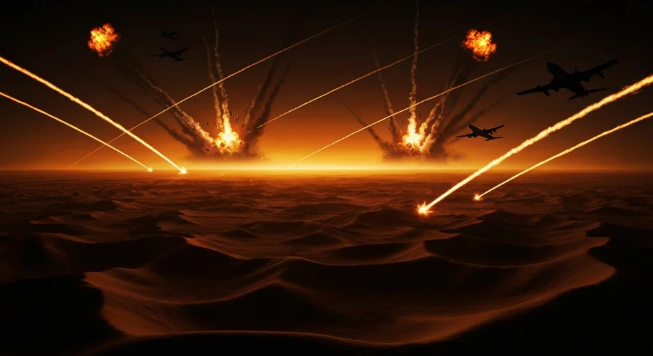 A vast desert landscape at night, illuminated by the fiery streaks of Scud missiles being launched f