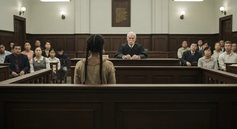 A somber Australian courtroom scene with a woman in the dock, facing a judge, with worried family me
