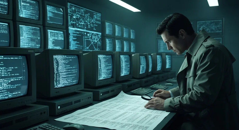 A dimly lit room filled with CRT computer monitors displaying complex code and network diagrams. A d