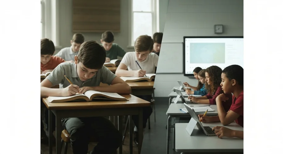 A split image: one side shows students in the 1960s diligently working with textbooks and chalkboard