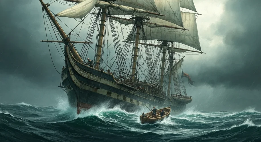 A 19th-century whaling ship battling stormy seas, its sails full of wind, with a small whaleboat bei