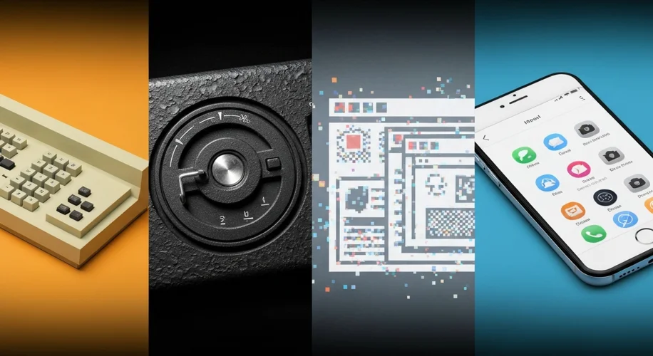 A montage representing the evolution of the internet: a vintage ARPANET terminal, a dial-up modem, e