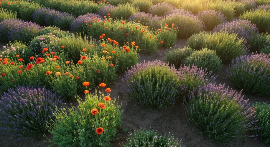 A vibrant medieval European monastery garden filled with various types of leafy greens, including le