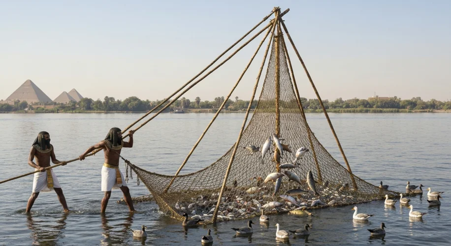 A scene depicting ancient Egyptians using a large, finely woven fishing net on the Nile River. Figur