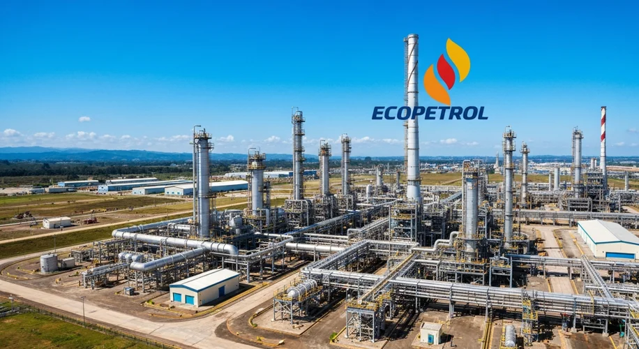 A vibrant, modern photograph showcasing Ecopetrol's logo prominently displayed at a large oil refine