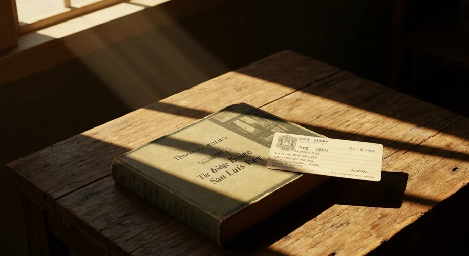 An old, worn copy of Thornton Wilder's "The Bridge of San Luis Rey" sits on a wooden table, a single