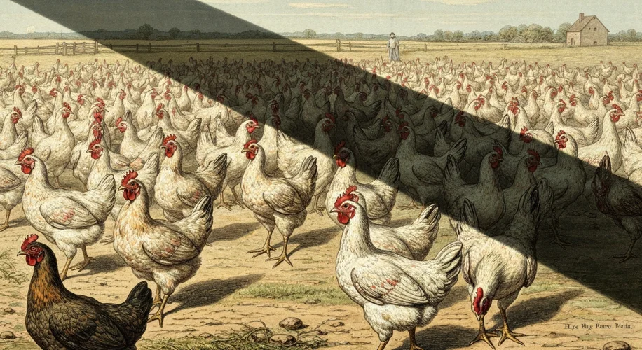 A historical illustration depicting a flock of chickens looking sickly and distressed, with a faint,