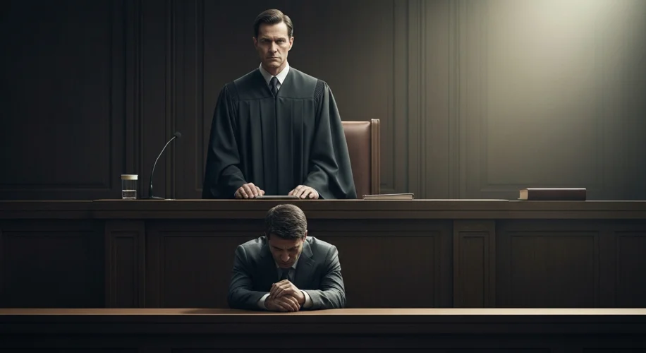 A courtroom scene with a stern judge on the bench and a somber-faced defendant, symbolizing justice
