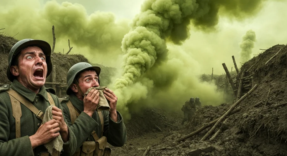 A harrowing scene from the Second Battle of Ypres, 1915. Two terrified French Algerian soldiers, fac