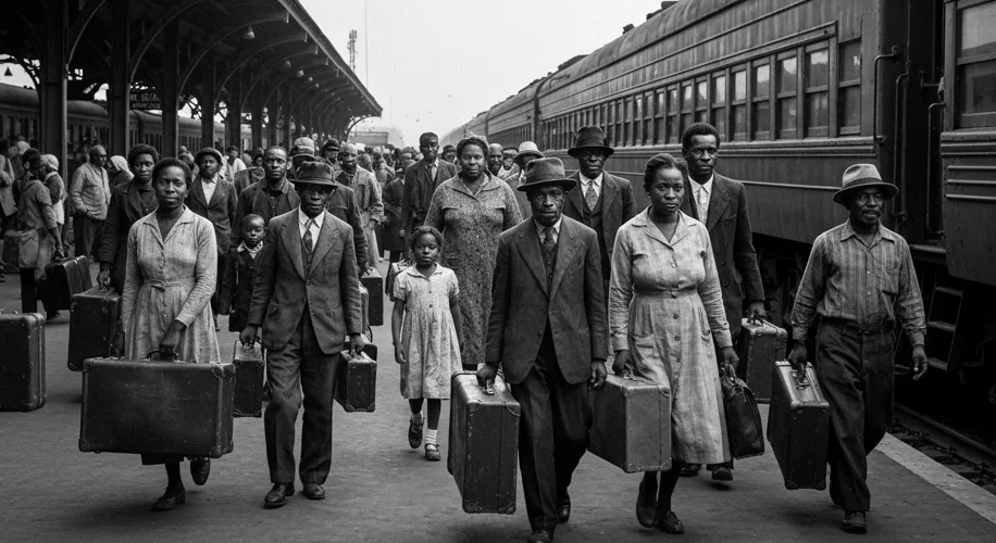 An old black and white photograph of a crowded train station in the American South, with African Ame