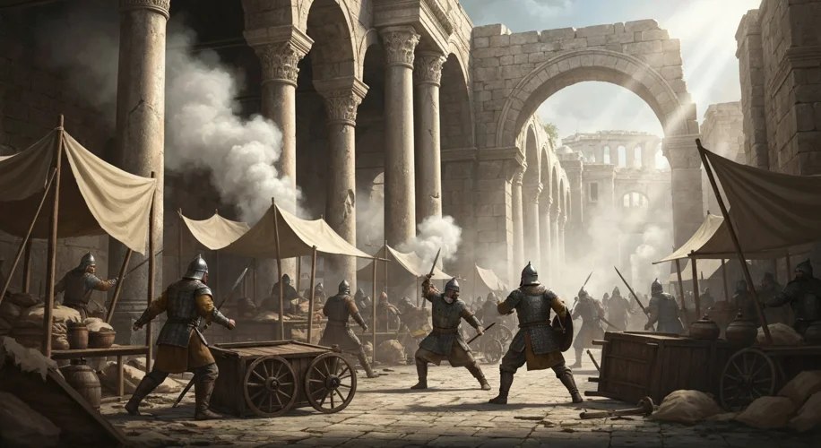 A chaotic street scene in Constantinople with Byzantine merchants and Norse warriors (Varangian Guar