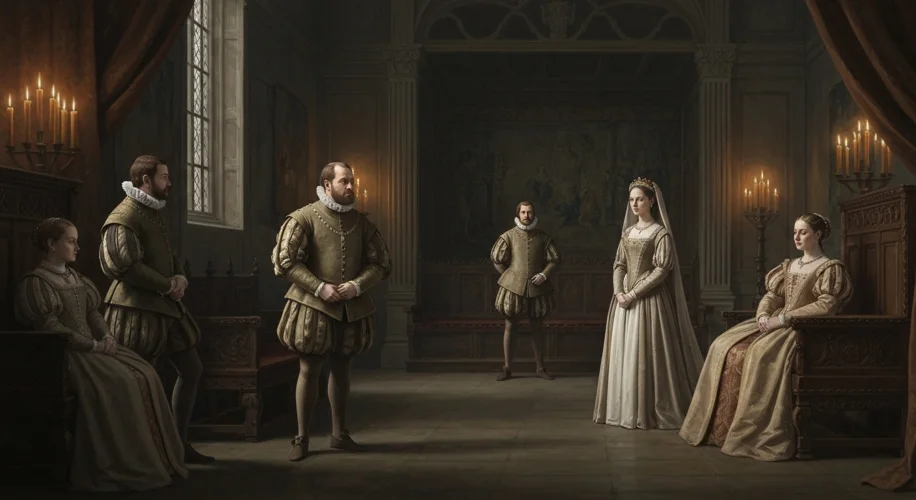 A 16th-century English royal court setting, with King Henry VIII observing his illegitimate son, Hen