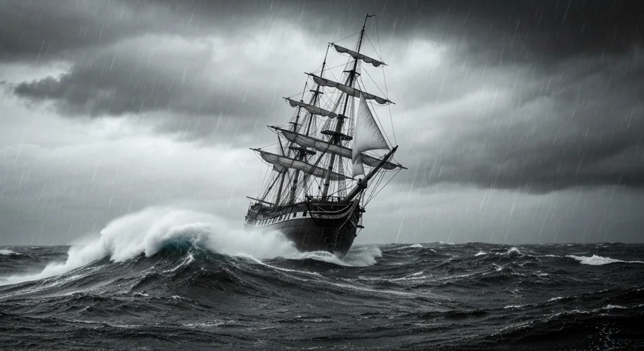 A dramatic scene of a pirate ship with black sails flying, silhouetted against a stormy sunset, cann