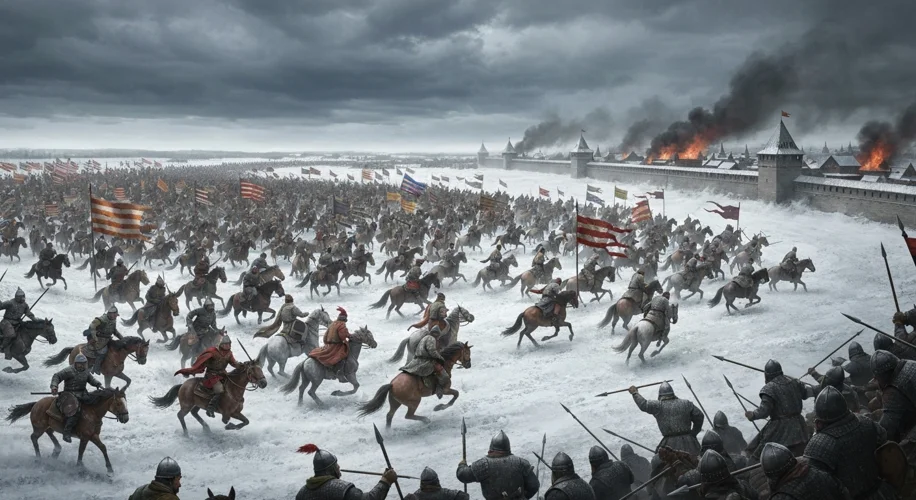 A vast horde of Mongol horsemen, their banners flying, charging across a snow-covered plain towards 
