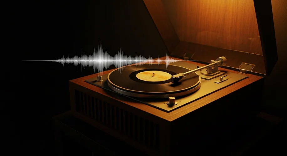 A vintage record player with a spinning vinyl LP, emanating sound waves, in a dimly lit room with wa
