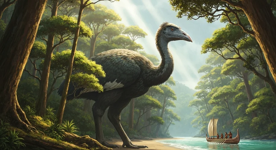 A dramatic scene of a towering giant moa bird in a lush New Zealand forest, with early Māori explore