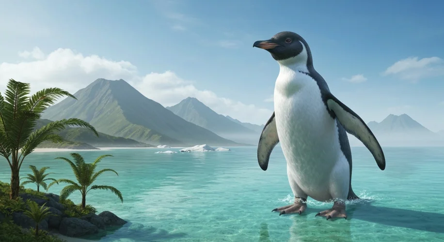 A large, flightless penguin wades through shallow prehistoric waters, its size dwarfing nearby flora
