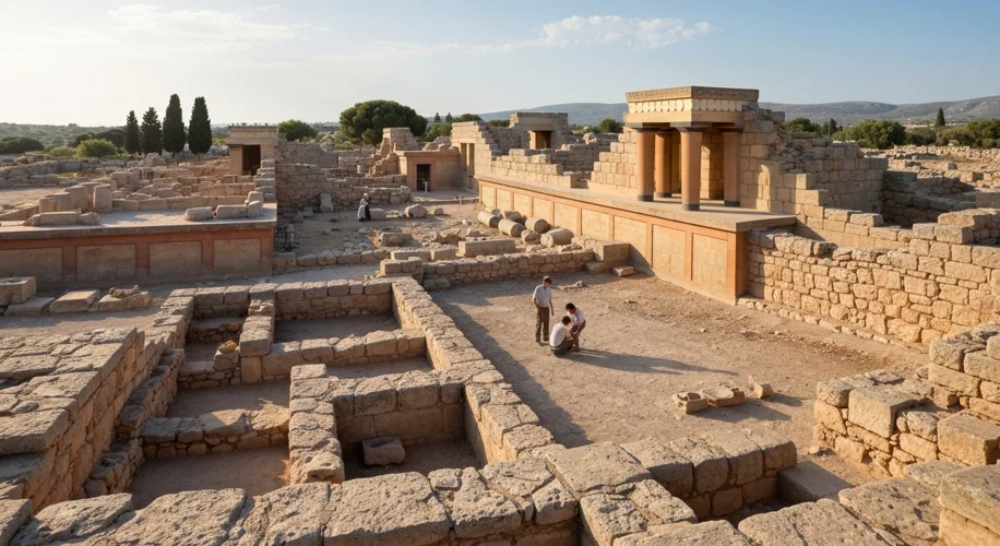 A sweeping vista of the ruins of Knossos palace in Crete, with archaeologists working amongst the st