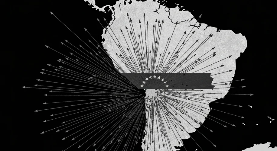 A map of South America with Venezuela highlighted, showing arrows indicating the outflow of refugees