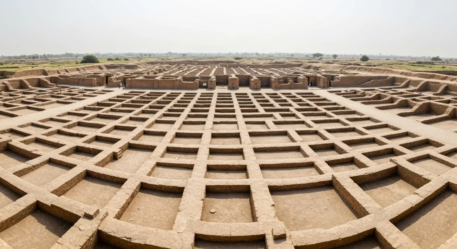 A panoramic view of the meticulously planned ruins of Mohenjo-daro, showcasing its grid-like streets