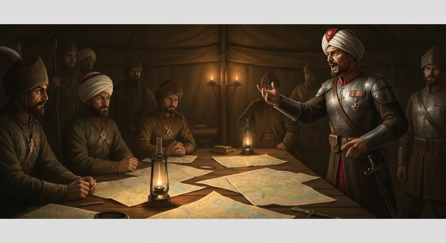 A dramatic scene depicting Jozef Bem, a charismatic Polish military officer in Ottoman attire, addre