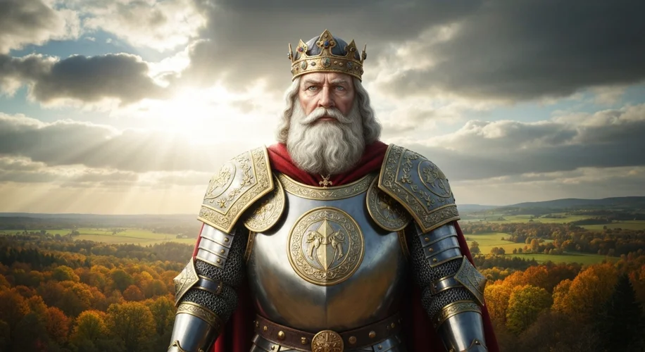 An imposing Charlemagne, depicted as a towering figure with a flowing beard, wearing ornate armor an